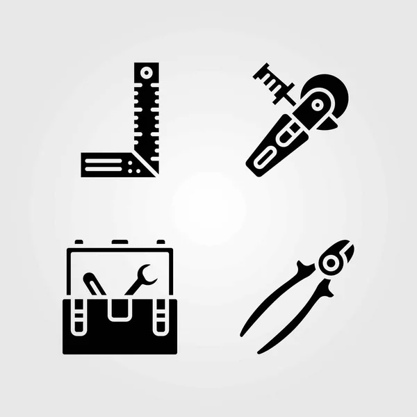 Verktyg vector ikoner set. Tool box, linjal och wire cutter — Stock vektor