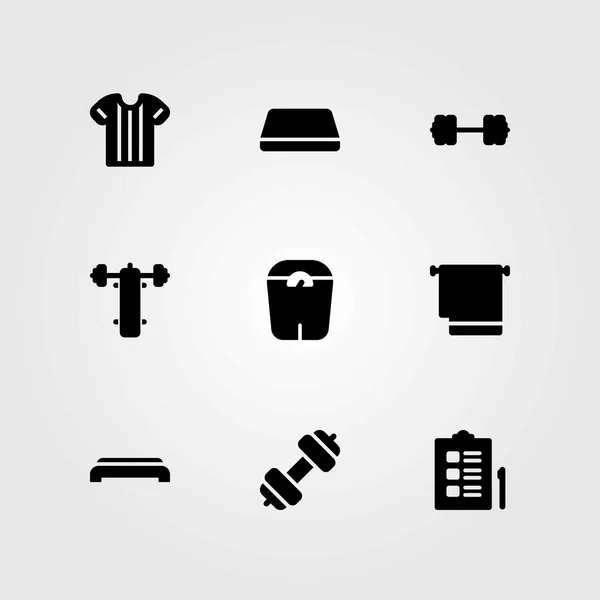 Fitness vector icons set. gym mat, towel and sport shirt — Stock Vector