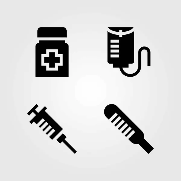 Conjunto de iconos vectoriales médicos. jeringa, contador de gotas y medicamento — Vector de stock