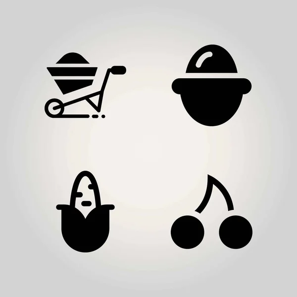 Conjunto de ícones vetoriais de agricultura. cereja, ovo, milho e carrinho de mão —  Vetores de Stock