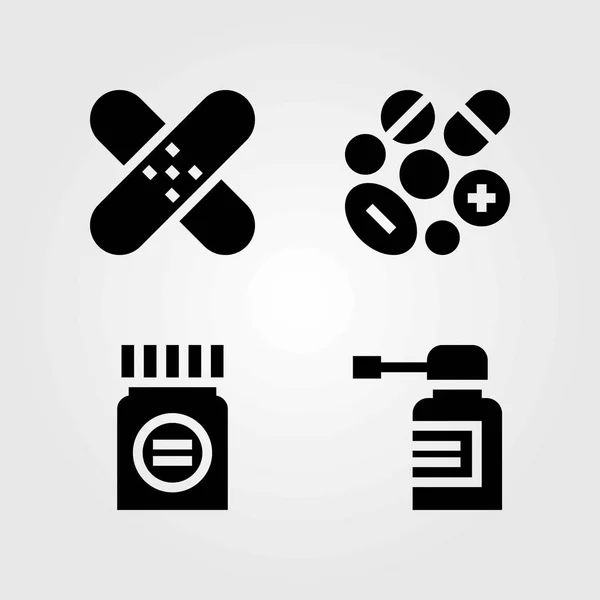 Medizinische Vektorsymbole gesetzt. Pflaster, Spray und Pillen — Stockvektor