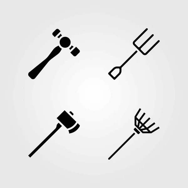 Garten-Vektorsymbole gesetzt. Hammer, Rechen und Gabel — Stockvektor