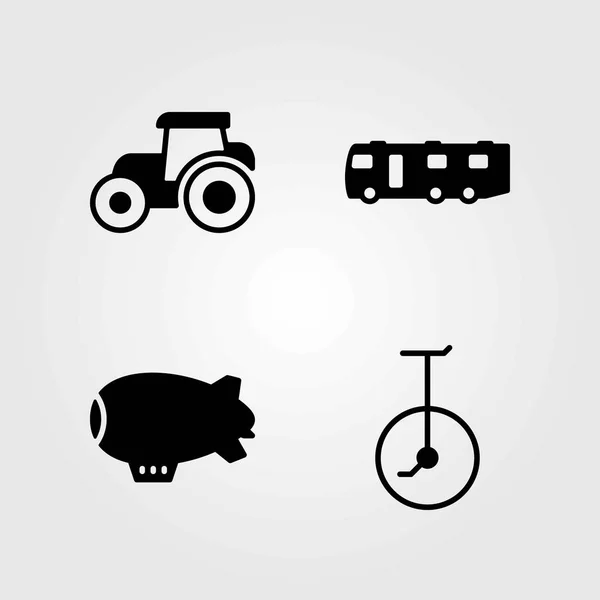 Vektor ikoner överföringsuppsättning. traktor, zeppelin och enhjuling — Stock vektor