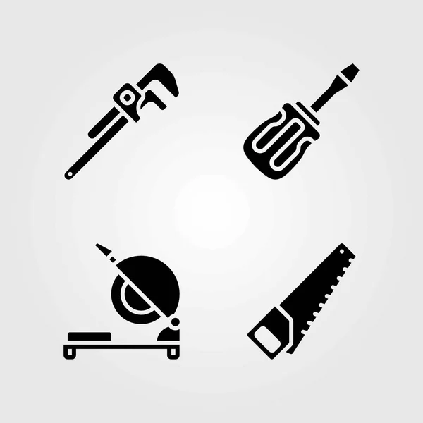 Werkzeuge Vektorsymbole gesetzt. Rohrschlüssel, Handsäge und Schraubenzieher — Stockvektor