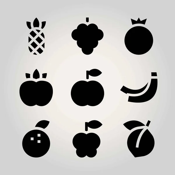 Conjunto de iconos de vectores de frutas. granada, mandarina, melocotón y manzana — Vector de stock