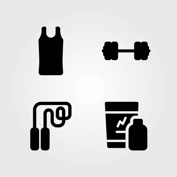 Fitness vektorové ikony nastavit. činka, sportovní košili a chvění — Stockový vektor