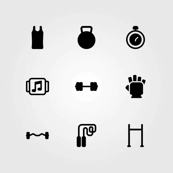 Fitness vector icons set. gloves, chronometer and gym gloves — Stock Vector