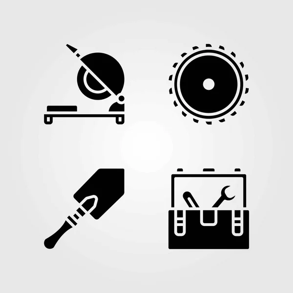 Ferramentas conjunto de ícones vetoriais. pá, caixa de ferramentas e serra de corte —  Vetores de Stock