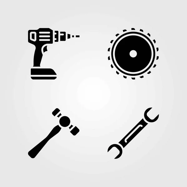 Tools vector icons set. saw blade, spanner and drill — Stock Vector