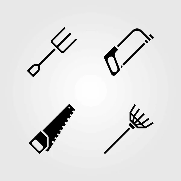 Garden vector icons set. rake, handsaw and fork — Stock Vector