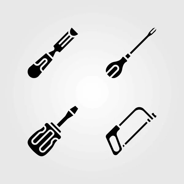 Herramientas conjunto de iconos vectoriales. sierra de mano, cincel y destornillador — Vector de stock
