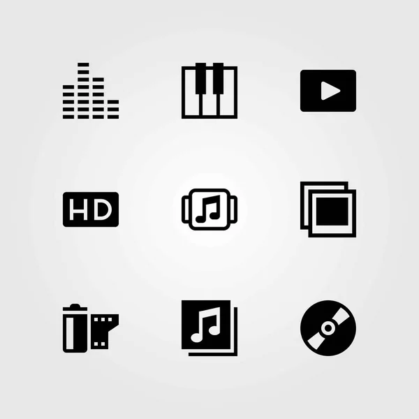 Multimedia vector icons set. film roll, hd and music player — Stock Vector