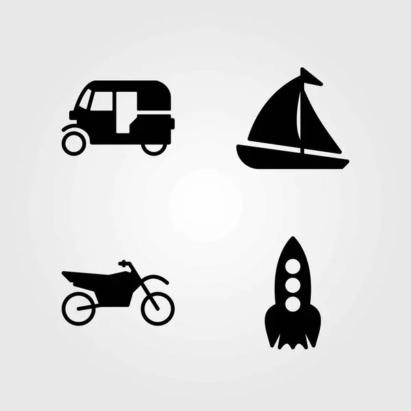 Transport wektor zestaw ikon. motocykl, tuk tuk i żaglówkę — Wektor stockowy