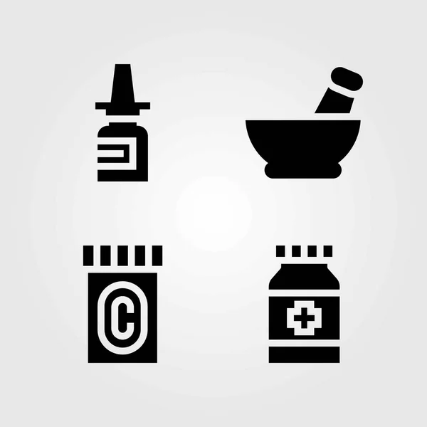 Conjunto de iconos vectoriales médicos. mortero, aerosol nasal y pastillas — Vector de stock