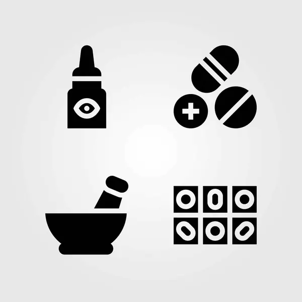 Conjunto de iconos vectoriales médicos. gotas para los ojos, pastillas y mortero — Vector de stock