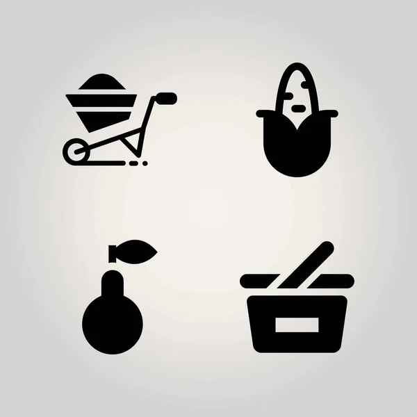 Zemědělství vektor sadu ikon. nákupní košík, hruška, koš a kukuřice — Stockový vektor