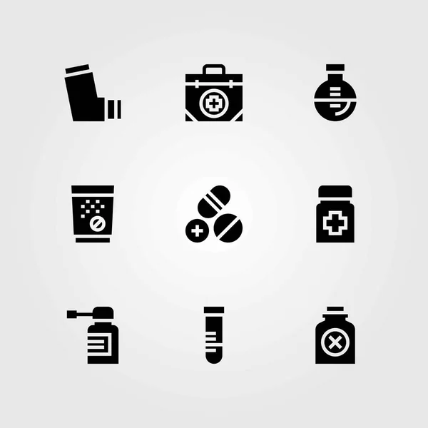 Conjunto de iconos vectoriales médicos. matraz, tubo de ensayo y tabletas — Vector de stock