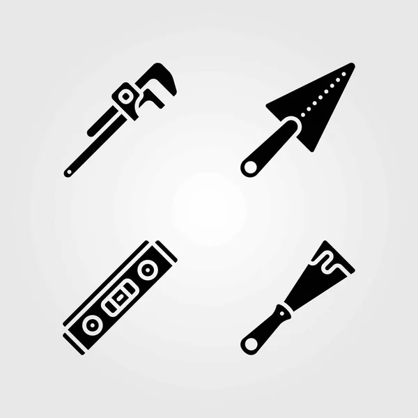 Werkzeuge Vektorsymbole gesetzt. Wasserwaage, Schaber und Rohrschlüssel — Stockvektor