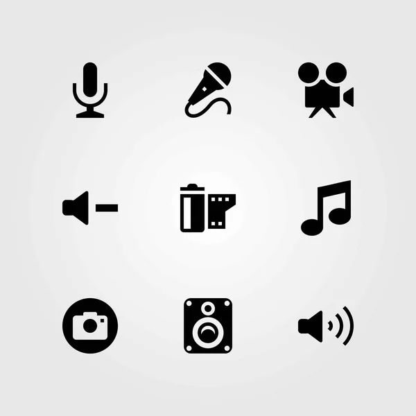 Set di icone vettoriali multimediali. microfono, rotolo di film e nota musicale — Vettoriale Stock