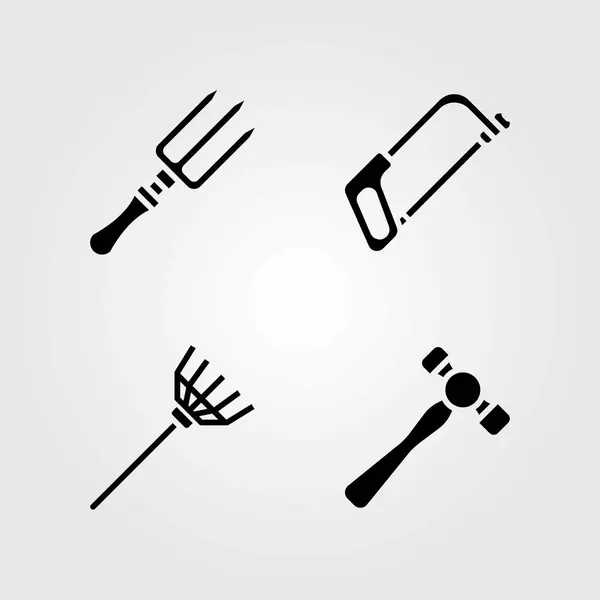 Ensemble d'icônes vectorielles de jardin. râteau, fourchette et scie à main — Image vectorielle