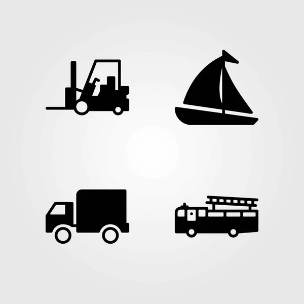 Ensemble d'icônes vectorielles de transport. chariot élévateur, camion et camion de pompiers — Image vectorielle