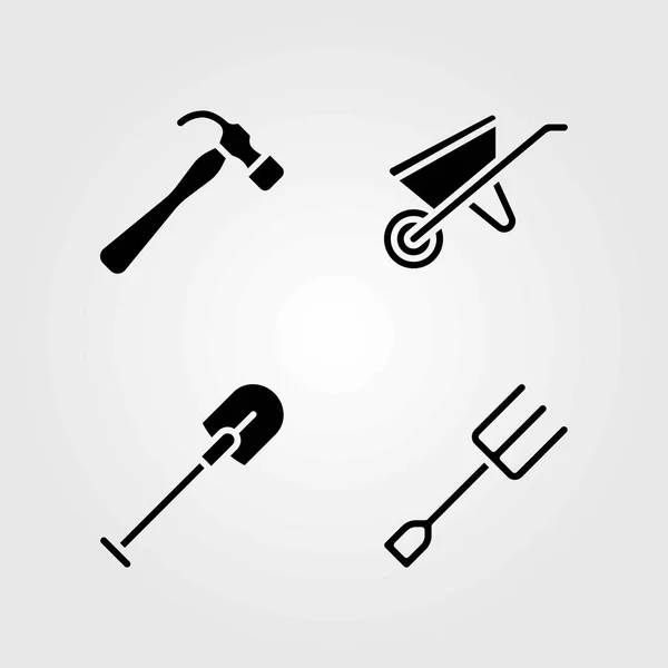 Garten-Vektorsymbole gesetzt. Hammer, Schubkarre und Schaufel — Stockvektor