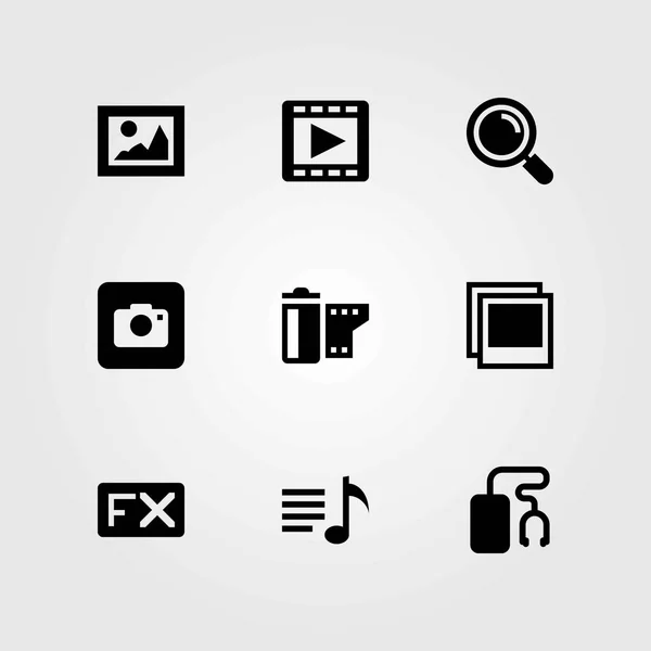 Conjunto de iconos vectoriales multimedia. lista de reproducción, rollo de película y reproductor de película — Vector de stock