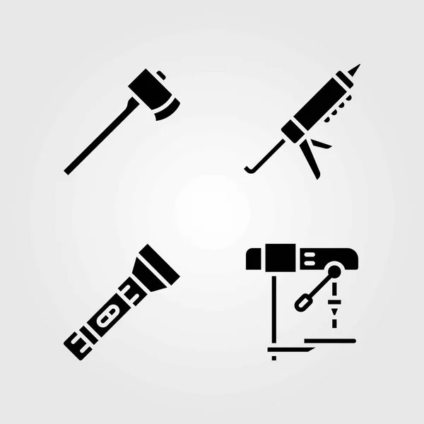 Tools vector icons set. sealant gun, drill and axe — Stock Vector