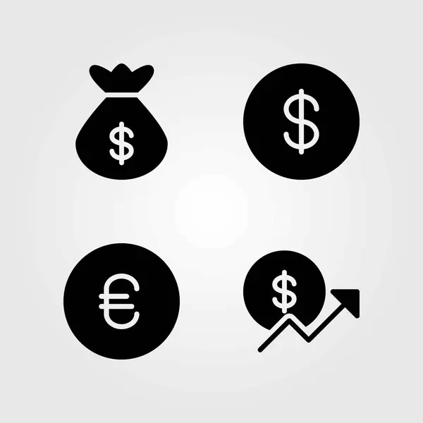 Pengar vektor ikoner set. väska, mynt och euron — Stock vektor