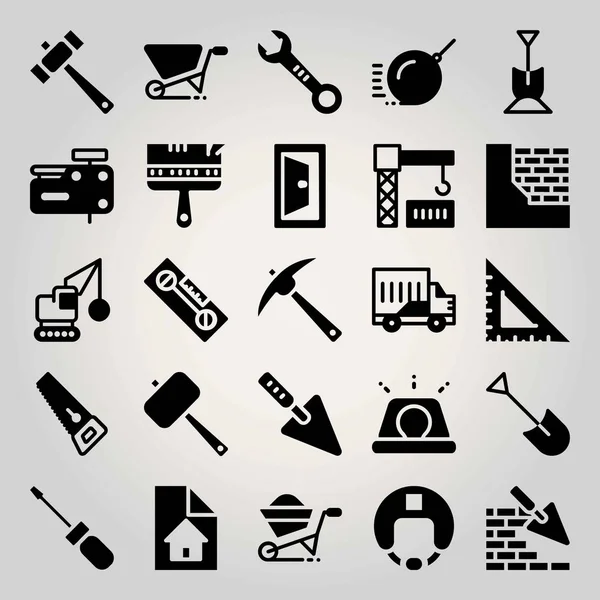 Construction vector icon set. wheelbarrow, trowel, pick and brickwall — Stock Vector