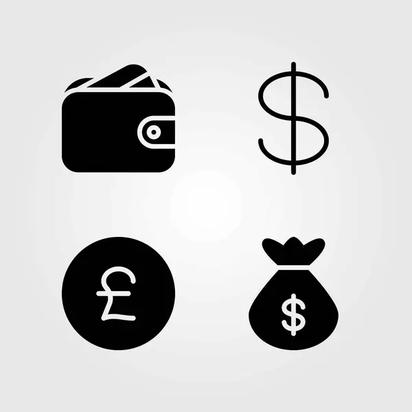 Peníze vektorové ikony set. vak na dolar, peněženku a peníze — Stockový vektor