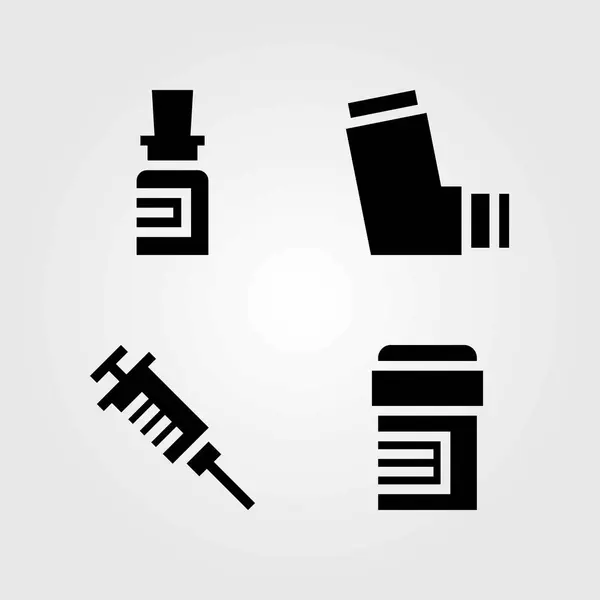 Conjunto de iconos vectoriales médicos. inhalador, pastillas y medicamentos — Vector de stock