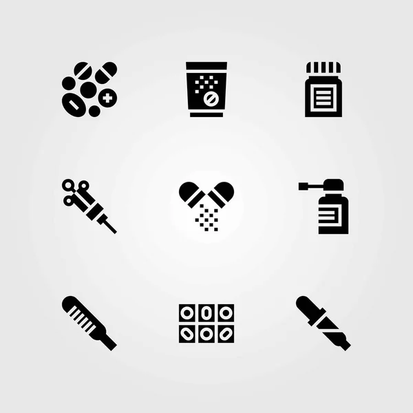 Set di icone vettoriali mediche. siringa, pipetta e pillole — Vettoriale Stock