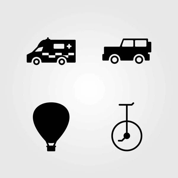 Conjunto de ícones vetoriais de transporte. balão de ar quente, balão de ar quente e monociclo — Vetor de Stock
