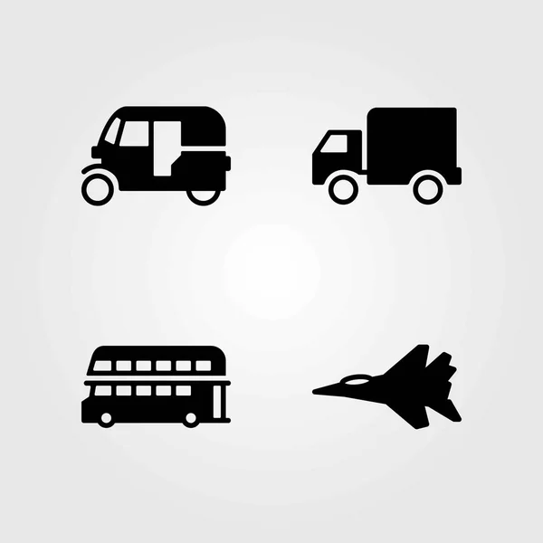 Conjunto de iconos vectoriales de transporte. bus de dos pisos, autobús y avión — Archivo Imágenes Vectoriales