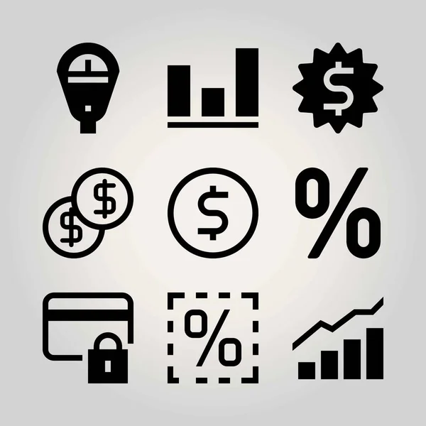 Teknik vector Ikonuppsättning. mynt, parkeringsautomat, lås och persentage — Stock vektor
