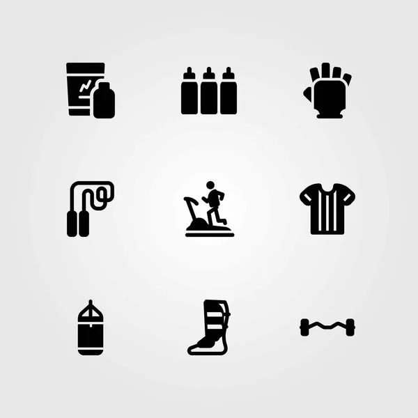 Conjunto de ícones vetoriais de fitness. bar de perfuração, luvas de perfuração e ginásio —  Vetores de Stock