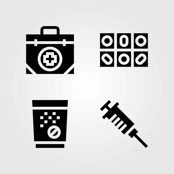 Medizinische Vektorsymbole gesetzt. Verbandskasten, Spritze und Tabletten — Stockvektor