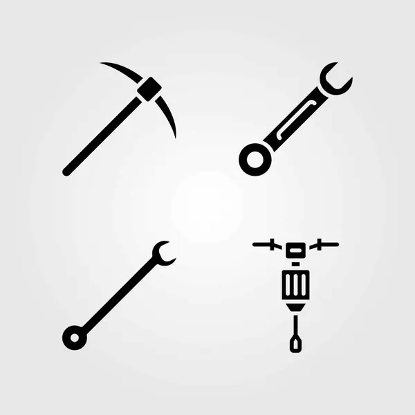 Werkzeuge Vektorsymbole gesetzt. Schraubenschlüssel, Spitzhacke und Presslufthammer — Stockvektor