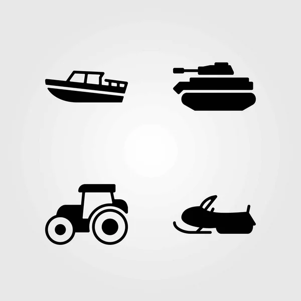 Conjunto de iconos vectoriales de transporte. barco, tractor y moto de nieve — Archivo Imágenes Vectoriales