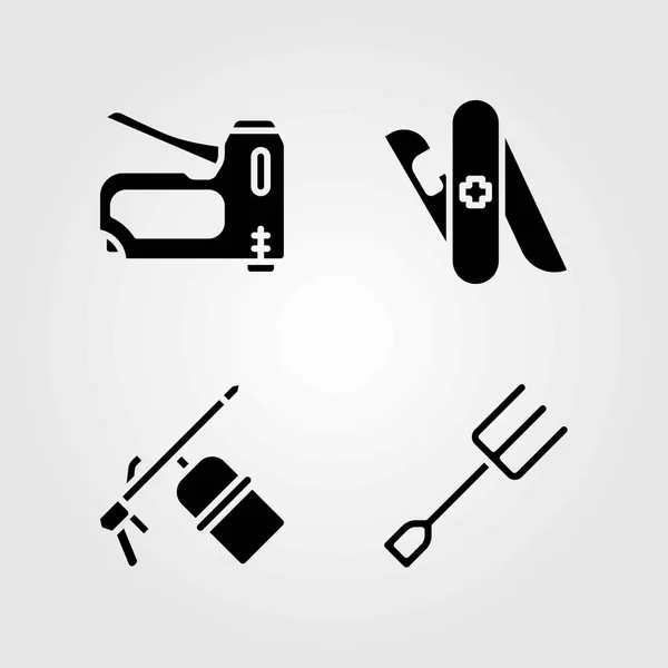 Ferramentas conjunto de ícones vetoriais. soldador, garfo e pistola de grampo —  Vetores de Stock