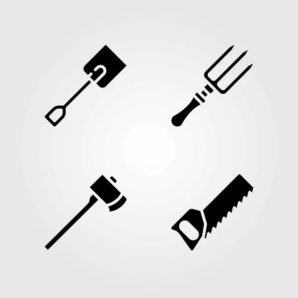 Garden vector icons set. handsaw, axe and spade — Stock Vector