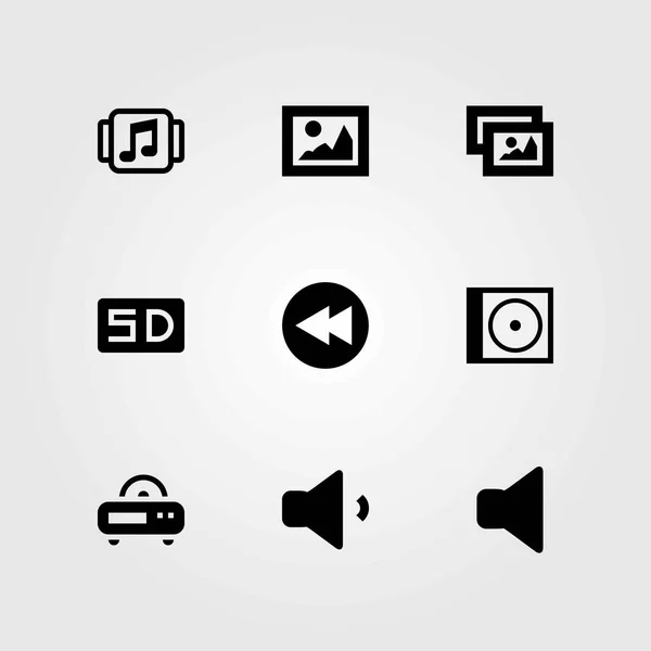 Multimediální vektorové ikony nastavit. objem, kompaktní disk a přehrávač hudby — Stockový vektor