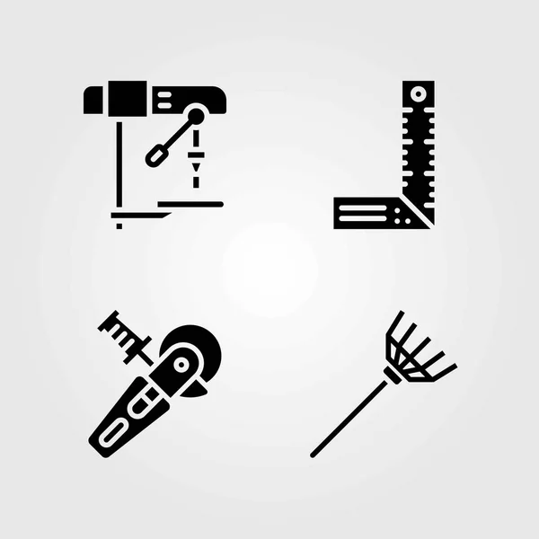 Tools vector icons set. power saw, rake and drill — Stock Vector