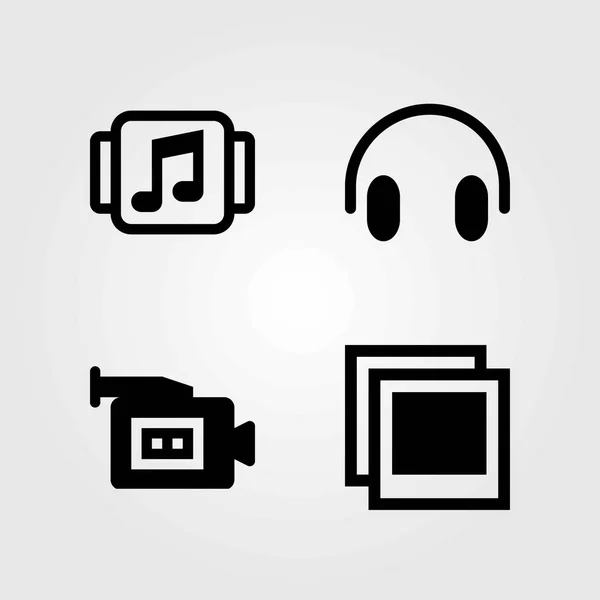 Multimediální vektorové ikony nastavit. sluchátka, přehrávač hudby a foto — Stockový vektor