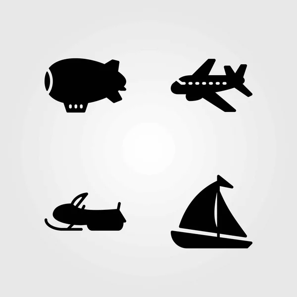 Conjunto de ícones vetoriais de transporte. veleiro, neve móvel e avião — Vetor de Stock