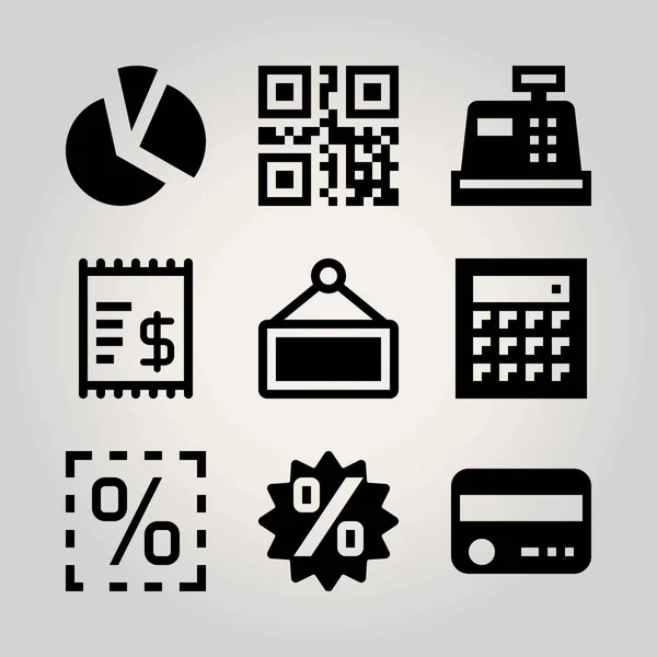 Conjunto de iconos de vector tecnológico. calculadora, gráfico circular, mashine de efectivo y gráfico — Vector de stock