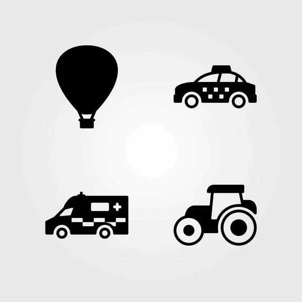 Conjunto de iconos vectoriales de transporte. globo aerostático, ambulancia y taxi — Vector de stock