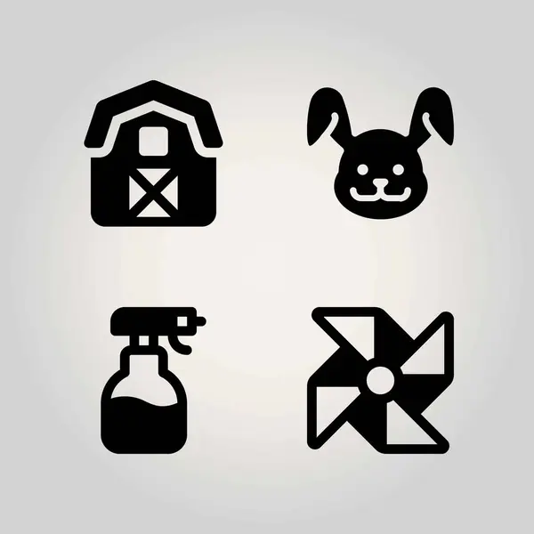 Conjunto de ícones vetoriais Farm. celeiro, pulverizador, coelho e pinwheel — Vetor de Stock