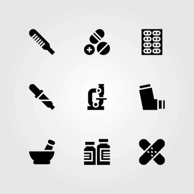 Tıp vektör simgeler kümesi. yama, harç ve astım ilacı